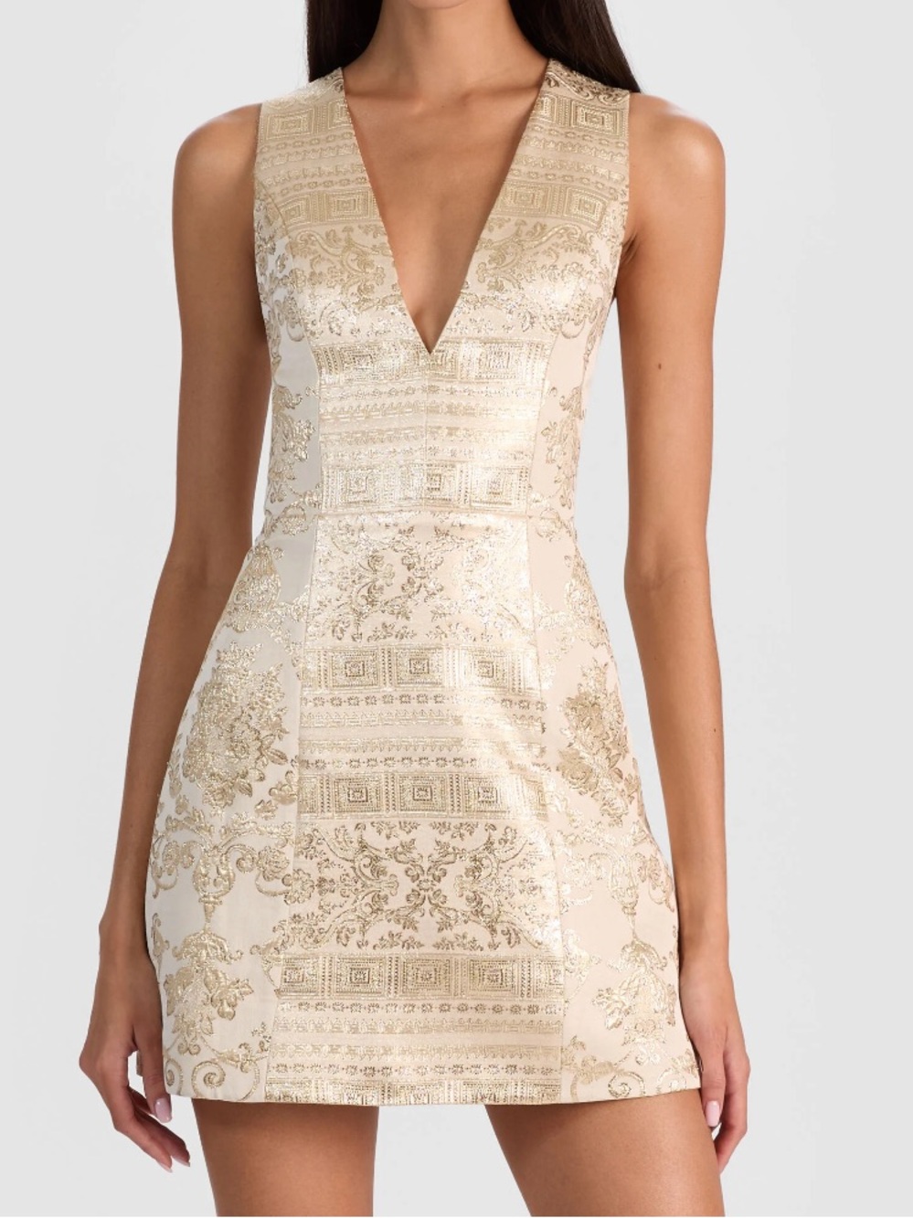 Alice + Olivia Pacey Gold Metallic Printed Jacquard V-Neck Mini Dress Size 8